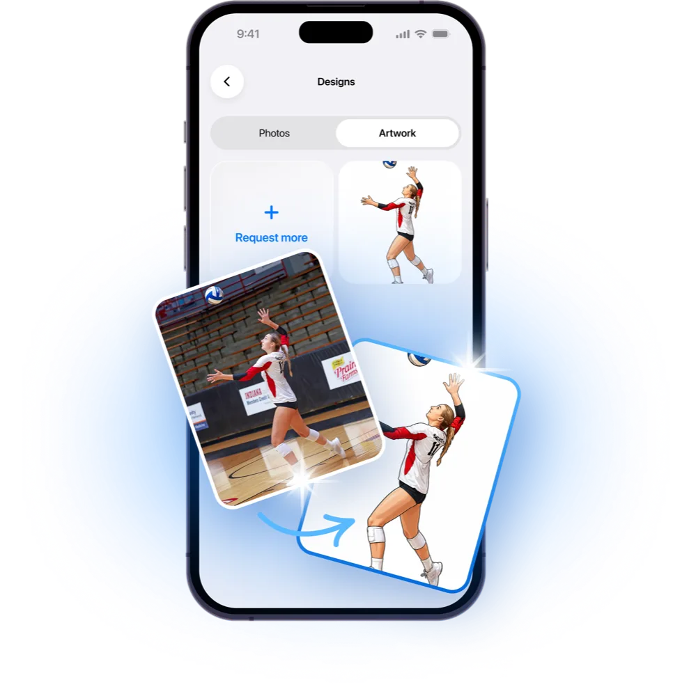 Athlete Merch app turning action photos of a volleyball player into custom product artwork