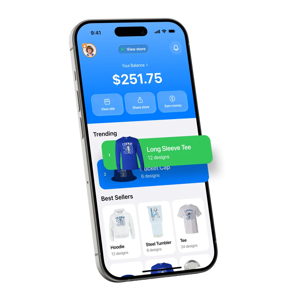 Athlete Merch app home screen showing a $251.75 balance, trending products, and best sellers