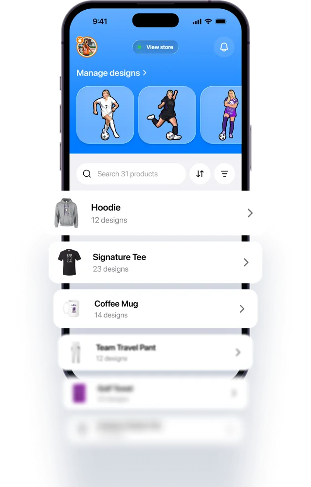 Athlete Merch app screen listing products like hoodies, signature tees, and coffee mugs with custom designs